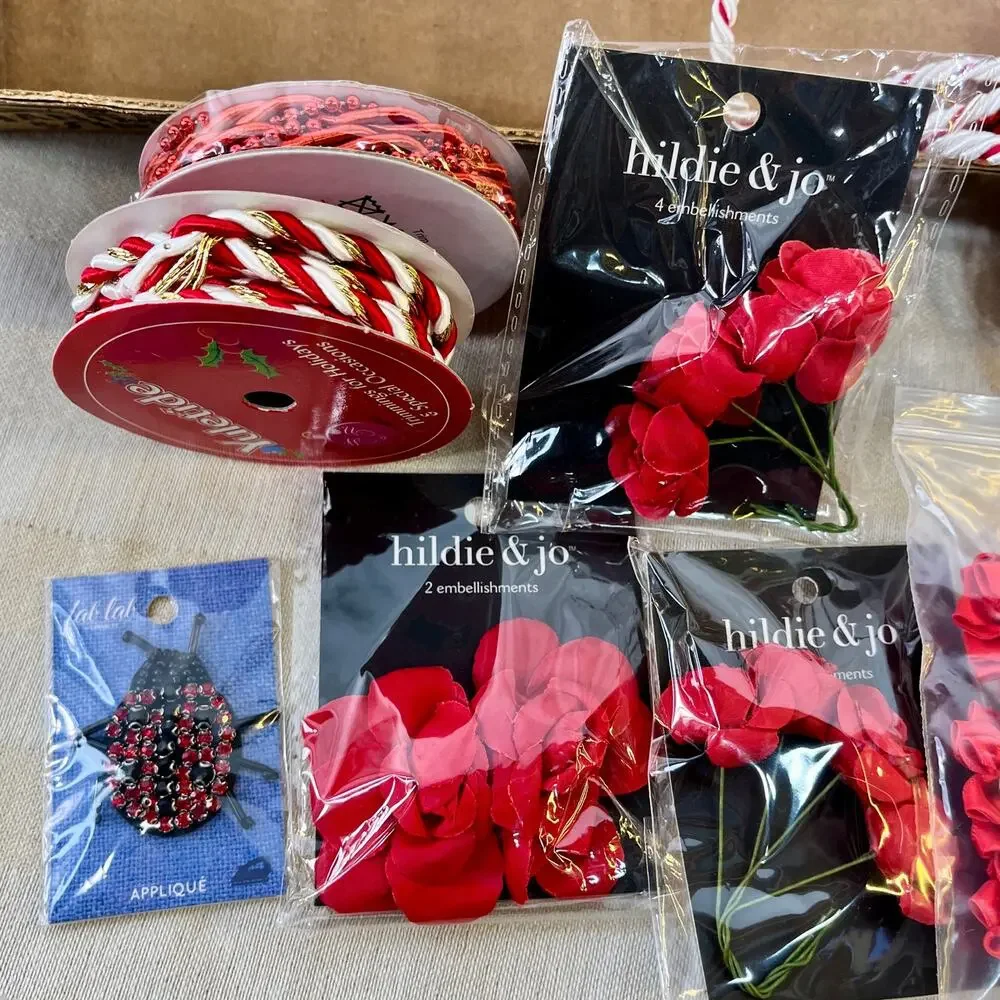Red Craft Trim Destash Lot Artificial Floral Ribbons Beads Acrylic Embellishment